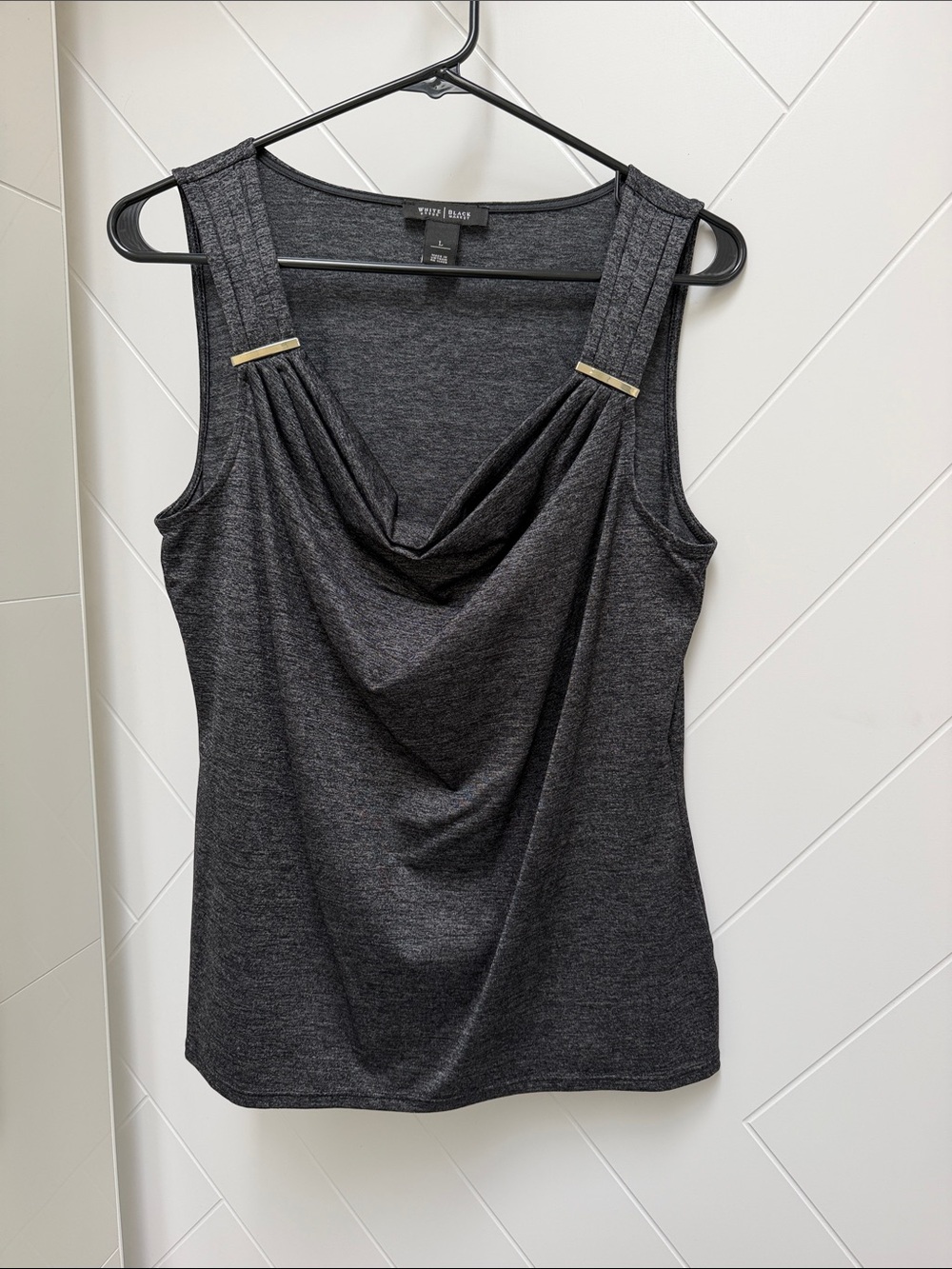 White House Black Market Charcoal Draped-Neck Tank with Gold Accents